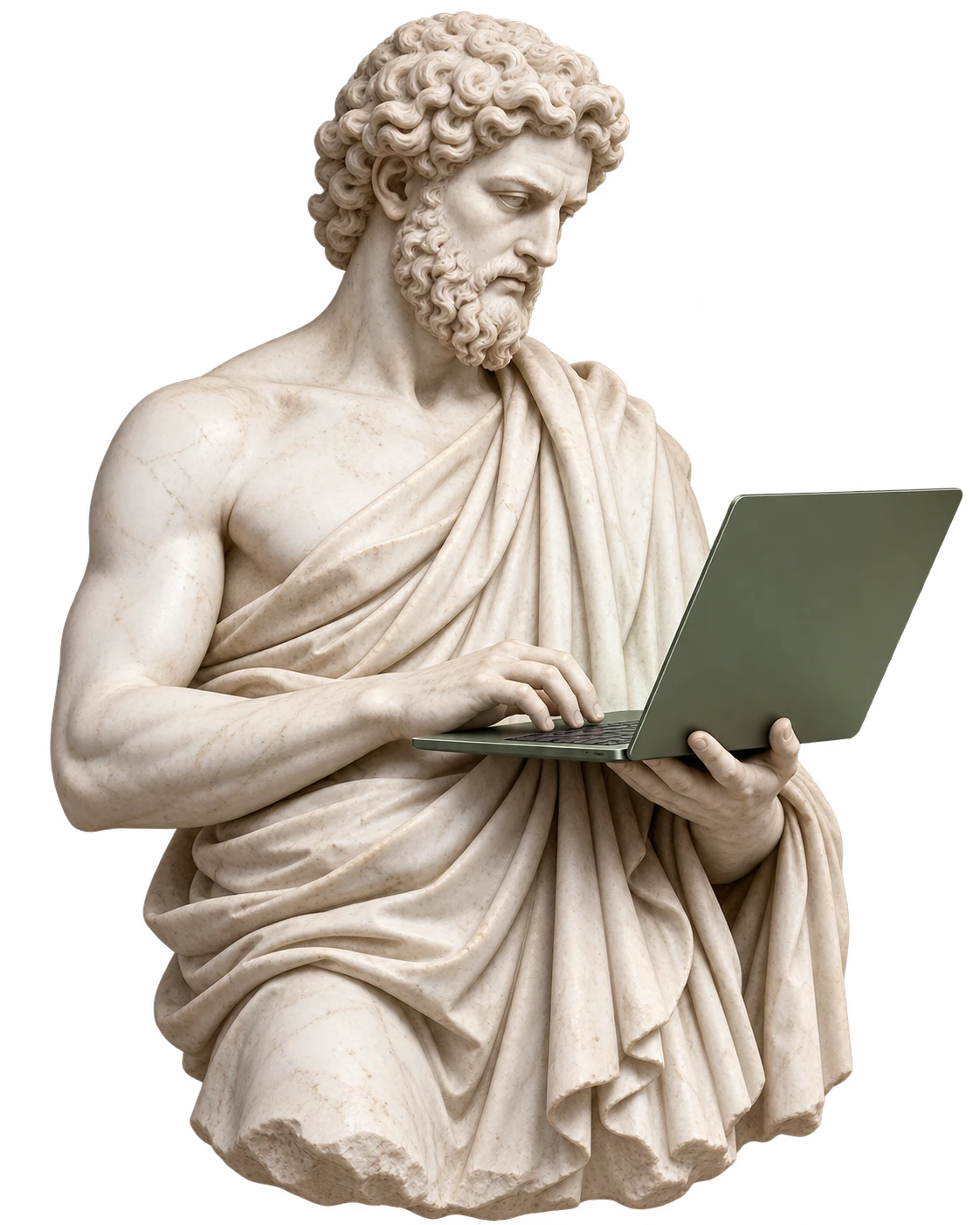 Estátua clássica de mármore usando um notebook, unindo conhecimento e tecnologia.